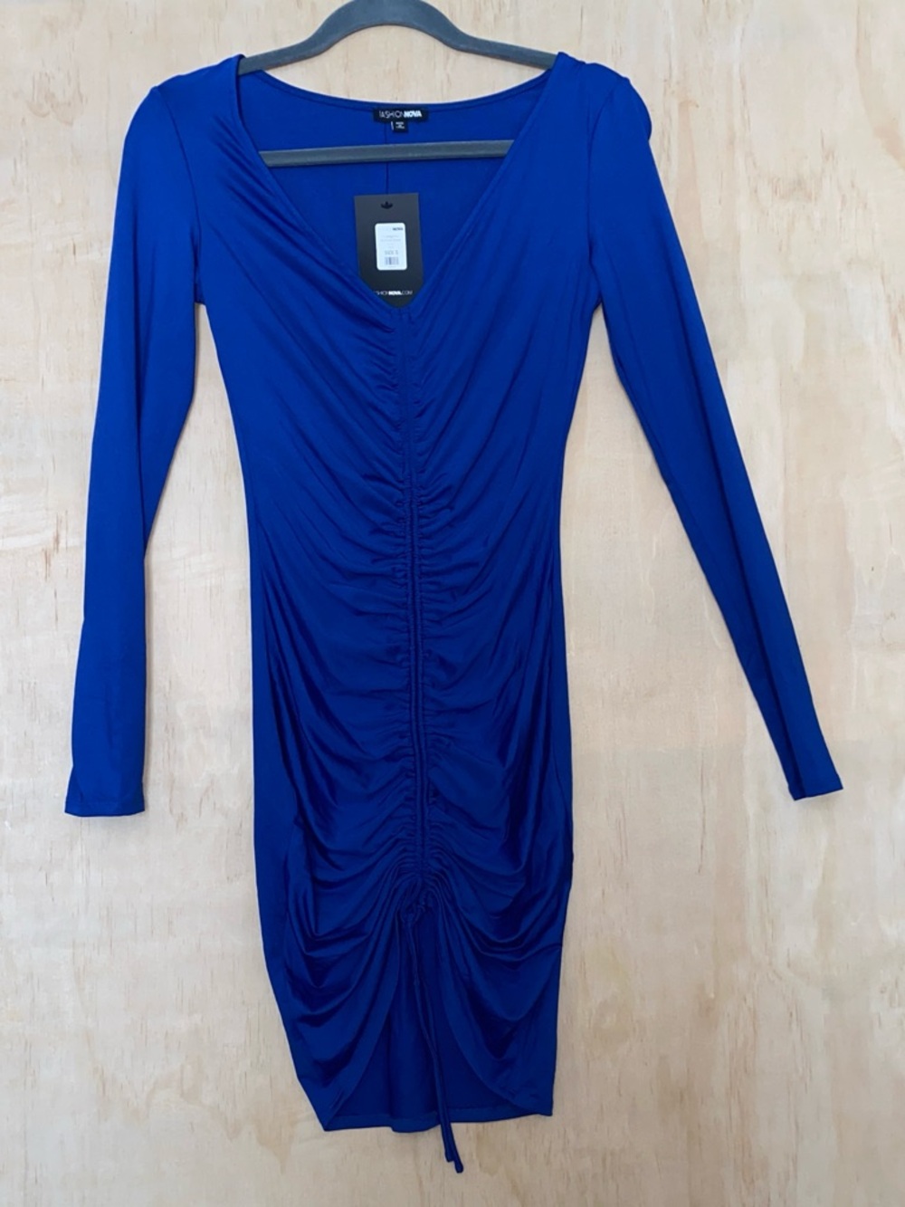 Fashion Nova Cobalt Blue Ruched V-Neck Long Sleeve Dress